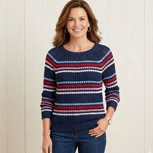 Talbots Navy Blue Striped Open Stitch Crew Neck Sweater Cotton Pullover size XL